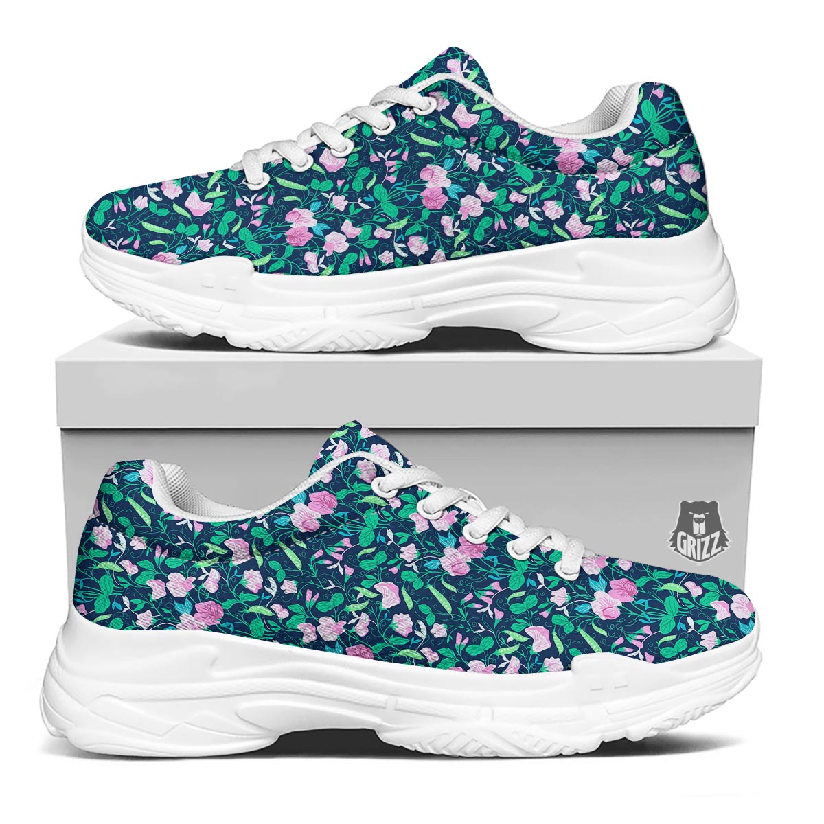 Flower Sweet Pea Print Pattern White Chunky Shoes-grizzshop