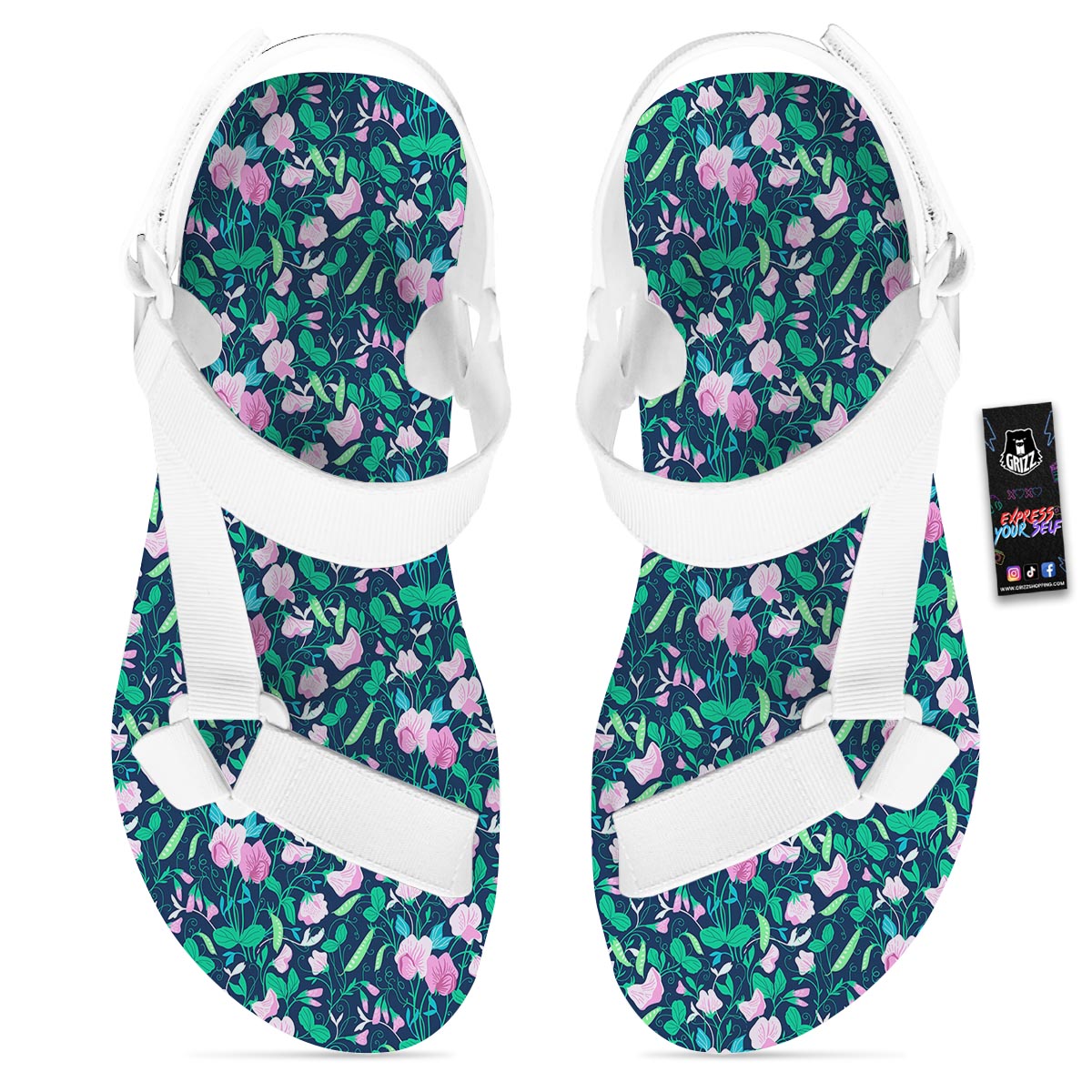 Flower Sweet Pea Print Pattern White Open Toe Sandals-grizzshop