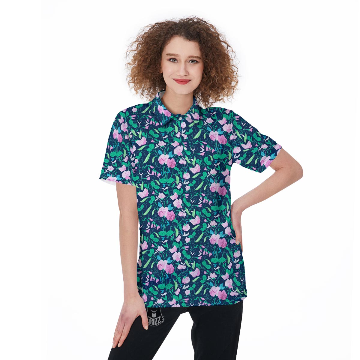 Flower Sweet Pea Print Pattern Women's Golf Shirts-grizzshop