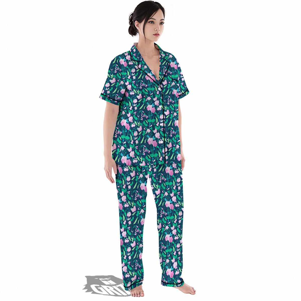 Flower Sweet Pea Print Pattern Women's Pajamas Set-grizzshop