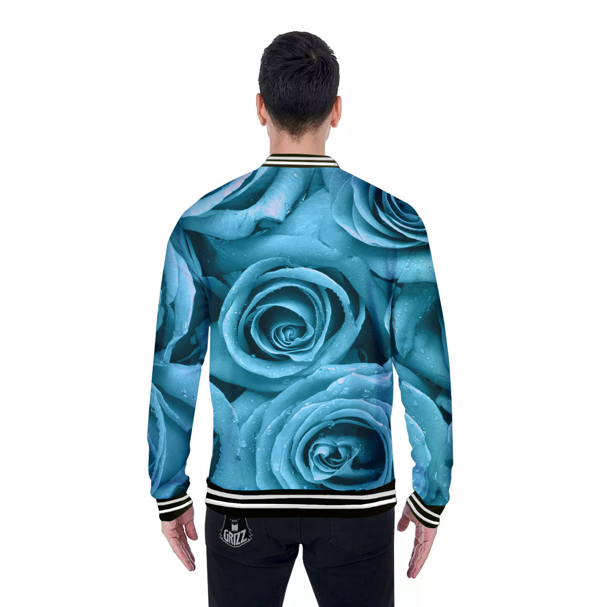 Flower Turquoise Rose Print Baseball Jacket-grizzshop