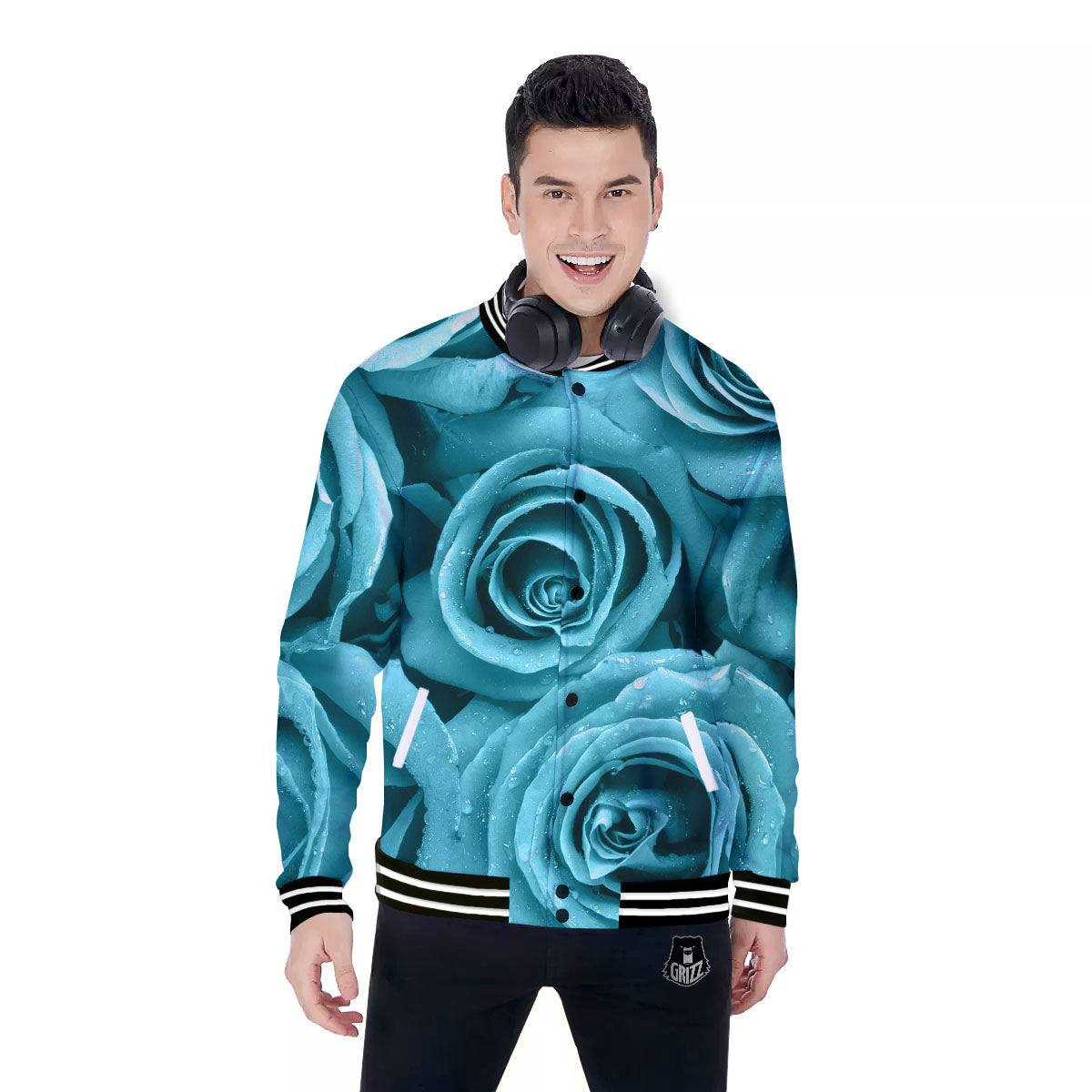 Flower Turquoise Rose Print Baseball Jacket-grizzshop