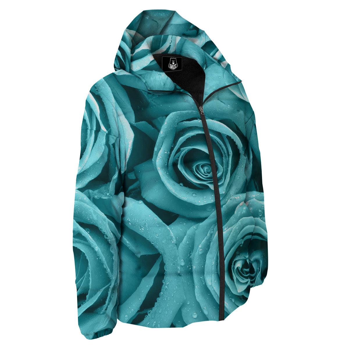 Flower Turquoise Rose Print Down Jacket-grizzshop