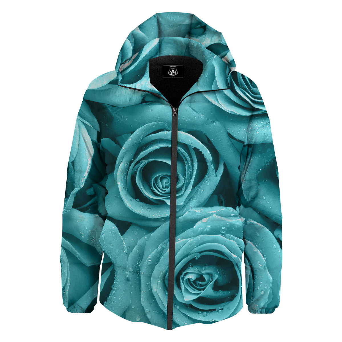 Flower Turquoise Rose Print Down Jacket-grizzshop