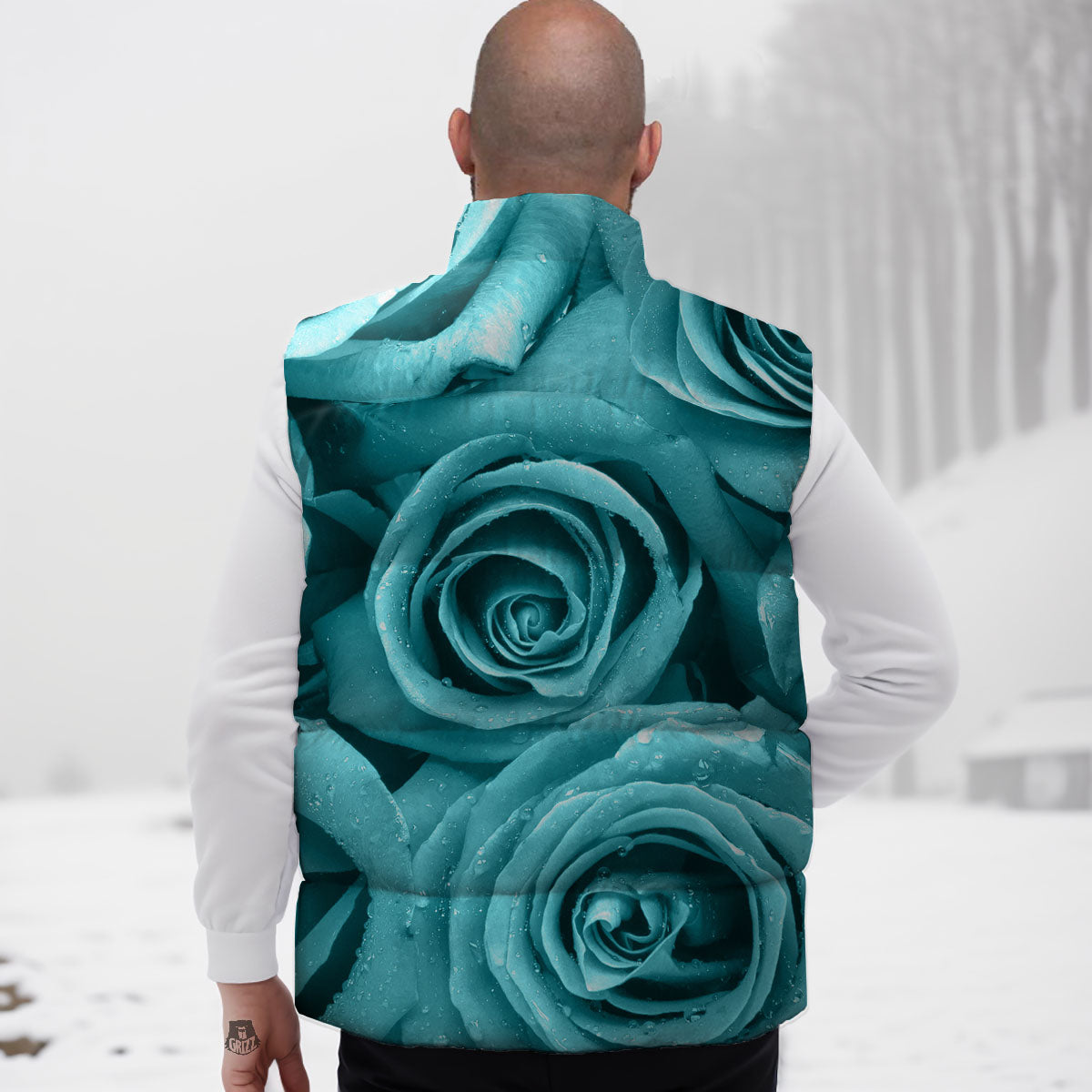 Flower Turquoise Rose Print Down Vest-grizzshop
