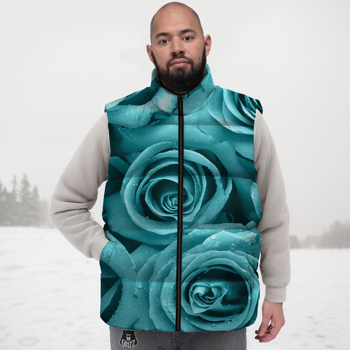 Flower Turquoise Rose Print Down Vest-grizzshop