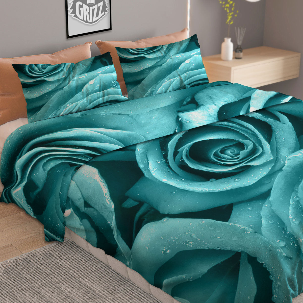 Flower Turquoise Rose Print Duvet Cover Bedding Set