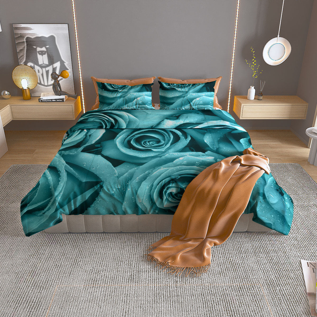 Flower Turquoise Rose Print Duvet Cover Bedding Set