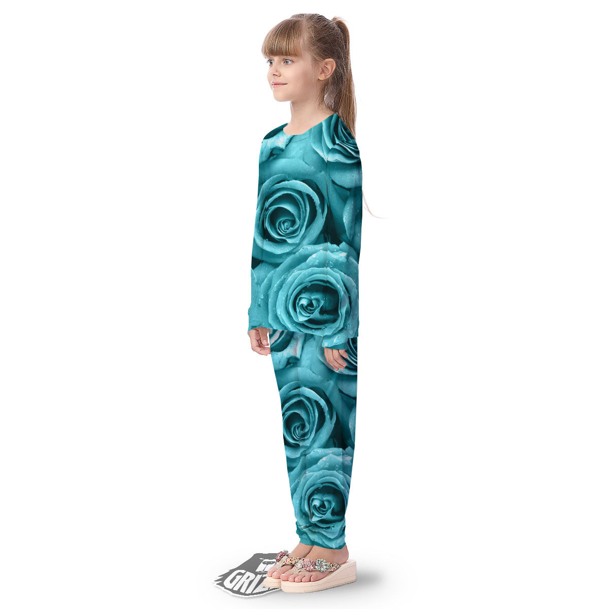 Flower Turquoise Rose Print Kid's Pajamas-grizzshop