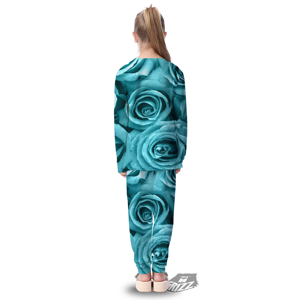 Flower Turquoise Rose Print Kid's Pajamas-grizzshop