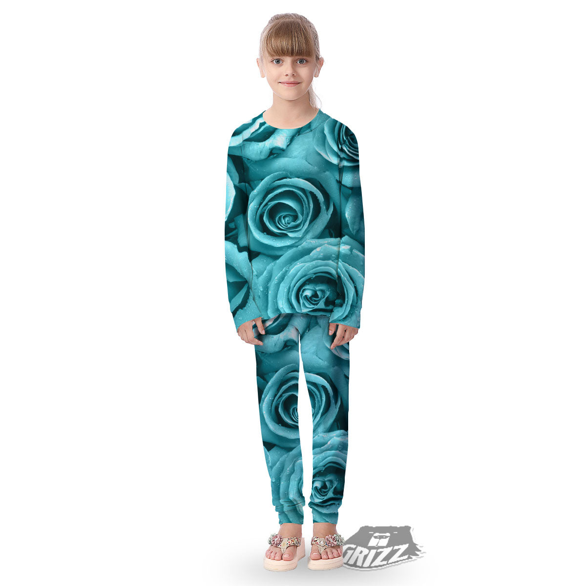 Flower Turquoise Rose Print Kid's Pajamas-grizzshop