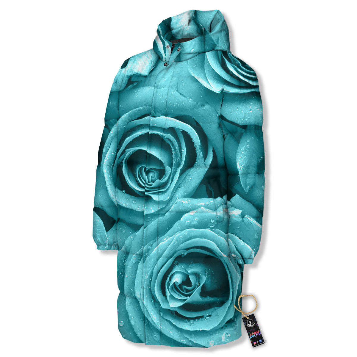 Flower Turquoise Rose Print Long Down Jacket-grizzshop