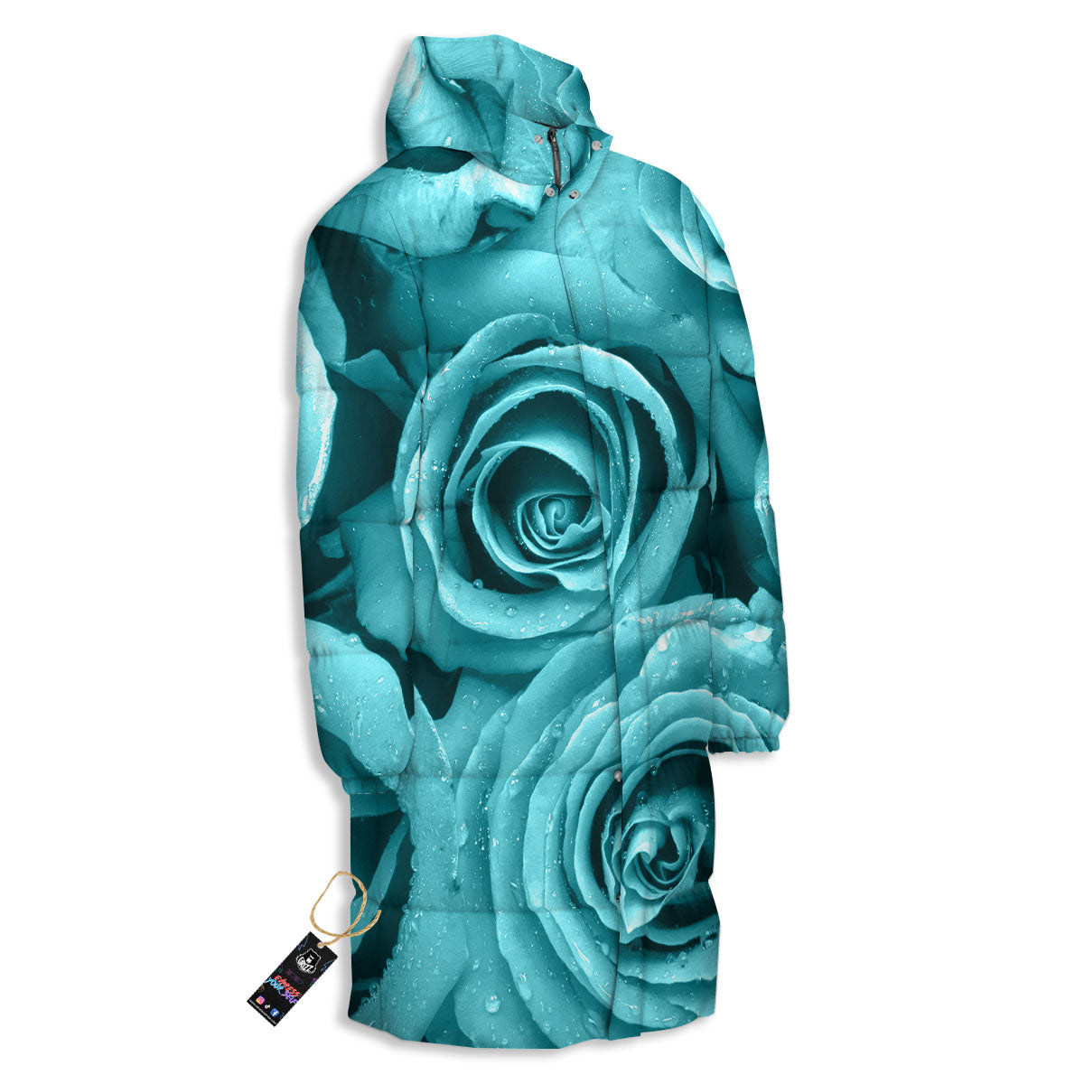 Flower Turquoise Rose Print Long Down Jacket-grizzshop