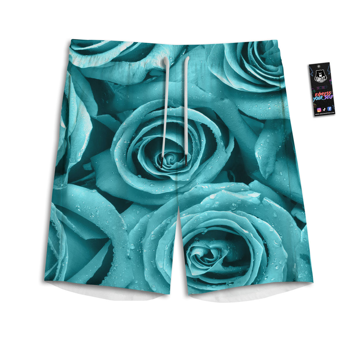 Flower Turquoise Rose Print Men's Athletic Shorts