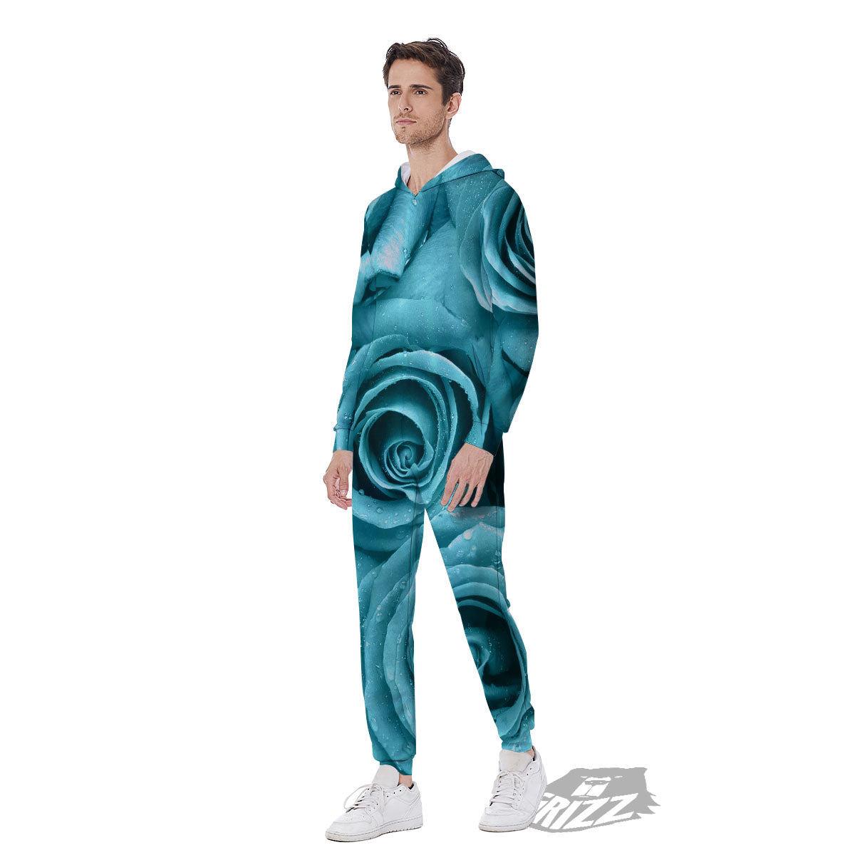 Flower Turquoise Rose Print Men's Jumpsuit-grizzshop