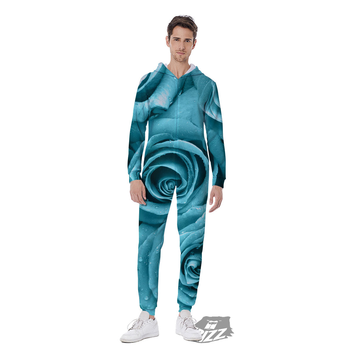 Flower Turquoise Rose Print Men's Jumpsuit-grizzshop