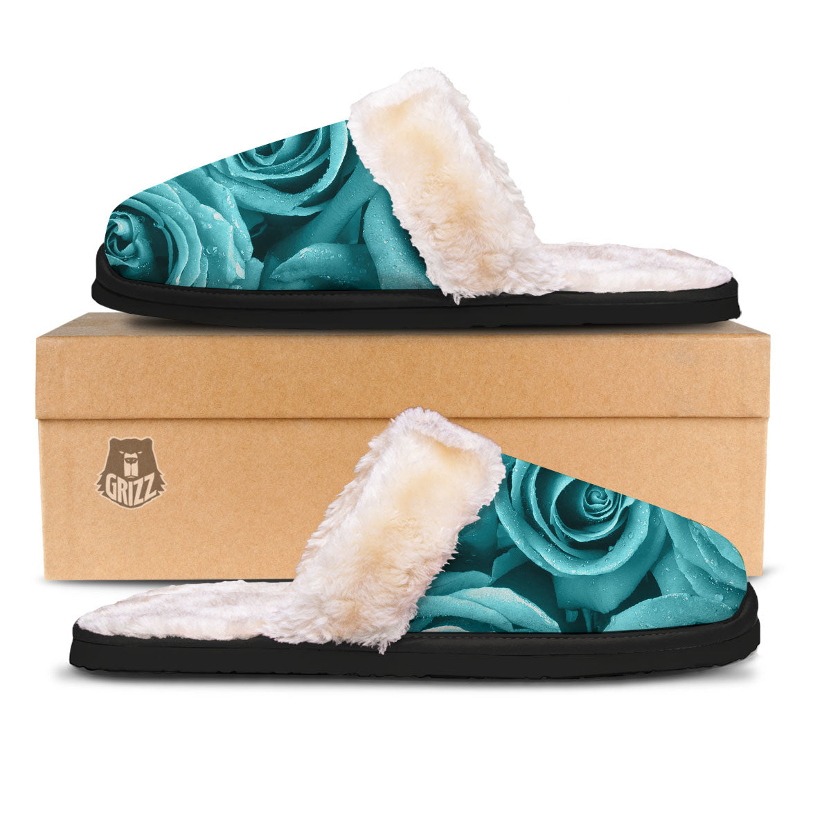 Flower Turquoise Rose Print Slippers-grizzshop