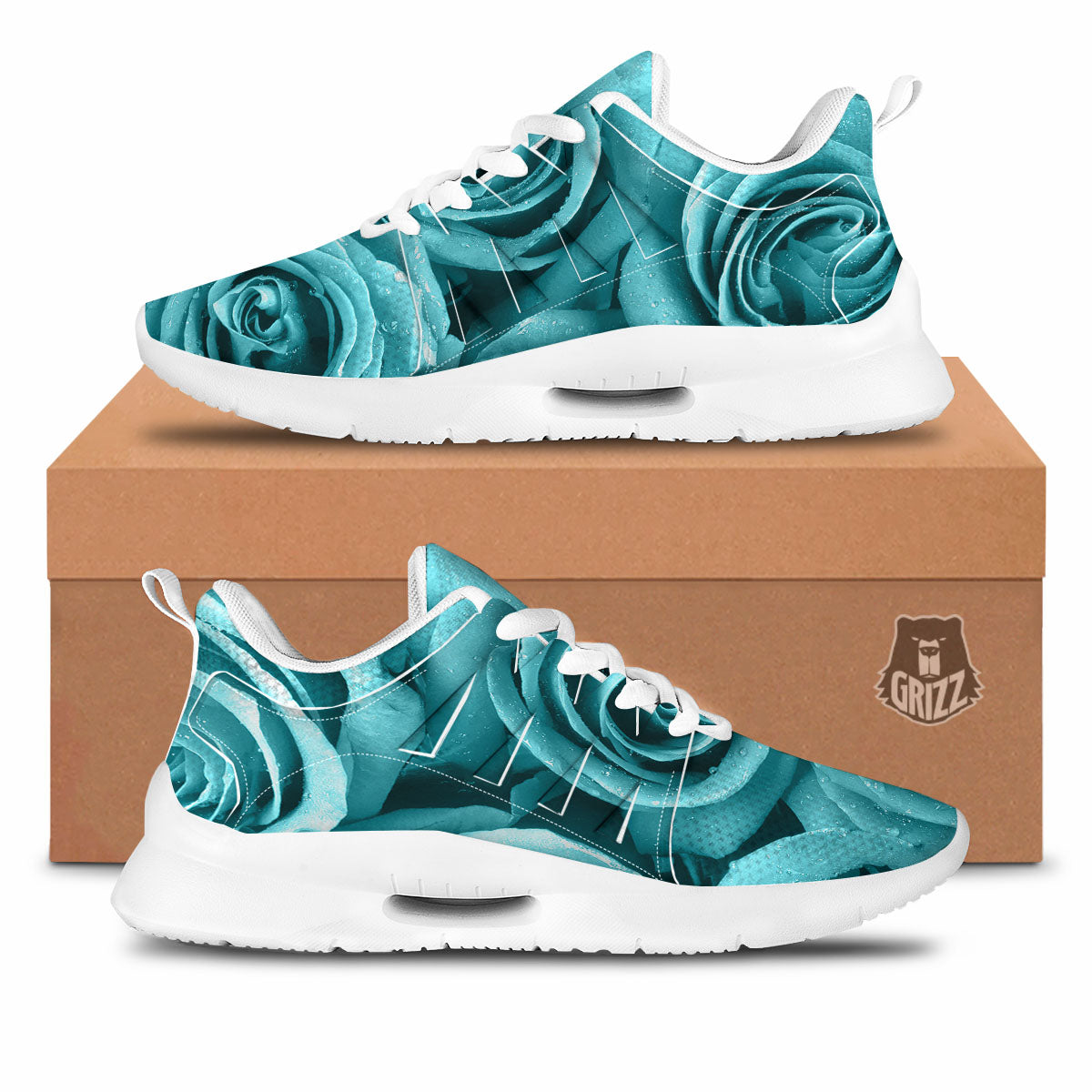 Flower Turquoise Rose Print Tennis Shoes-grizzshop