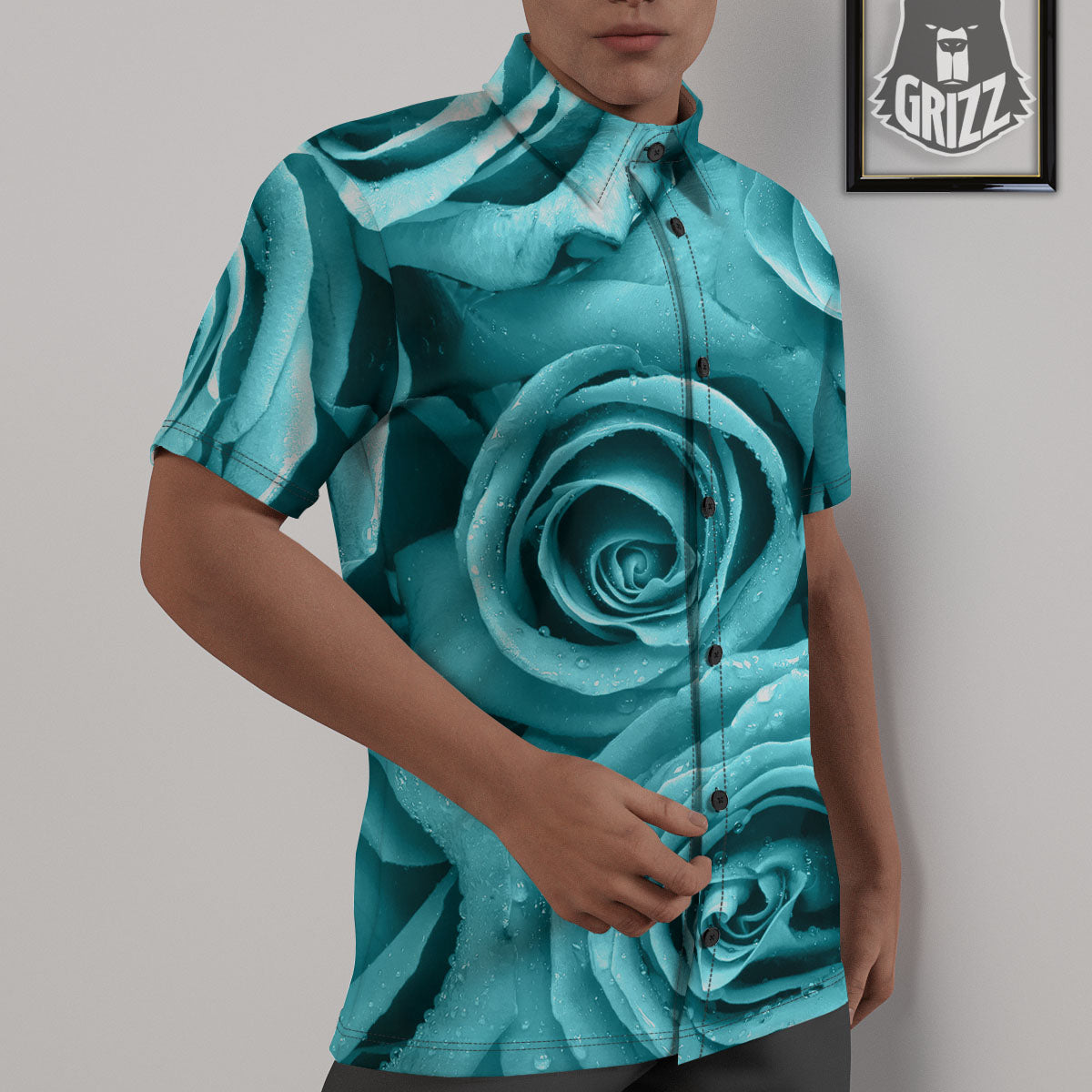 Flower Turquoise Rose Print Untucked Shirts-grizzshop