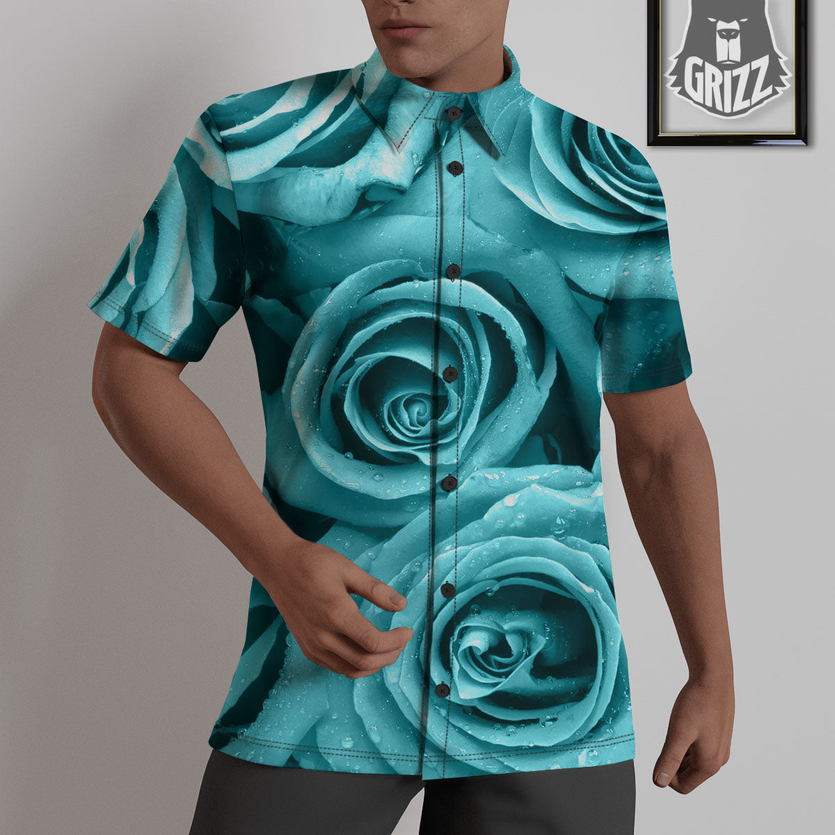 Flower Turquoise Rose Print Untucked Shirts-grizzshop