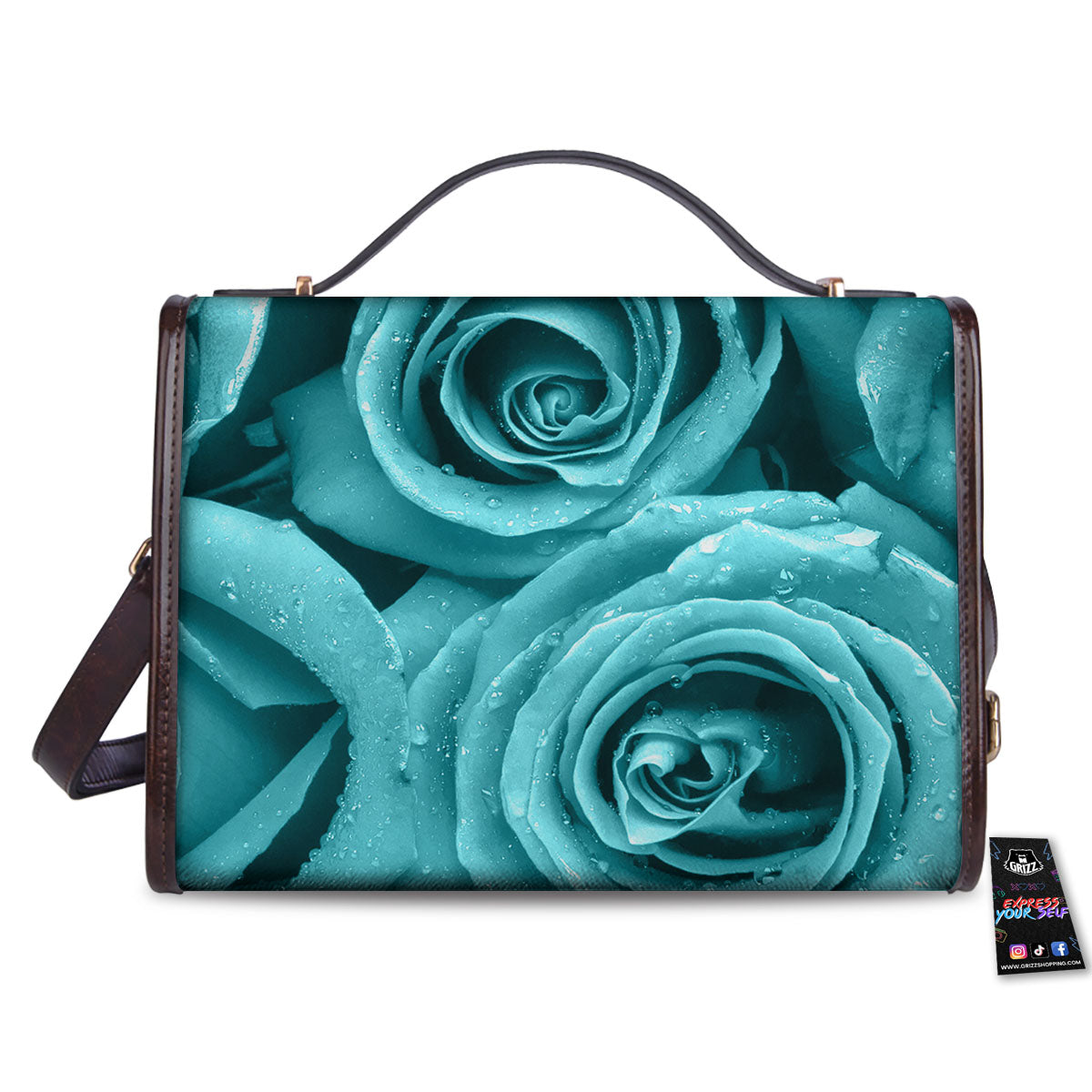 Flower Turquoise Rose Print Women's Satchel Bag-grizzshop