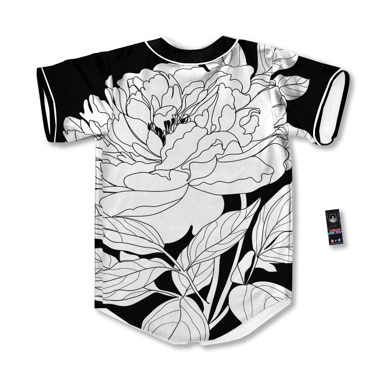 Flower White And Black Print Baseball Jersey-grizzshop
