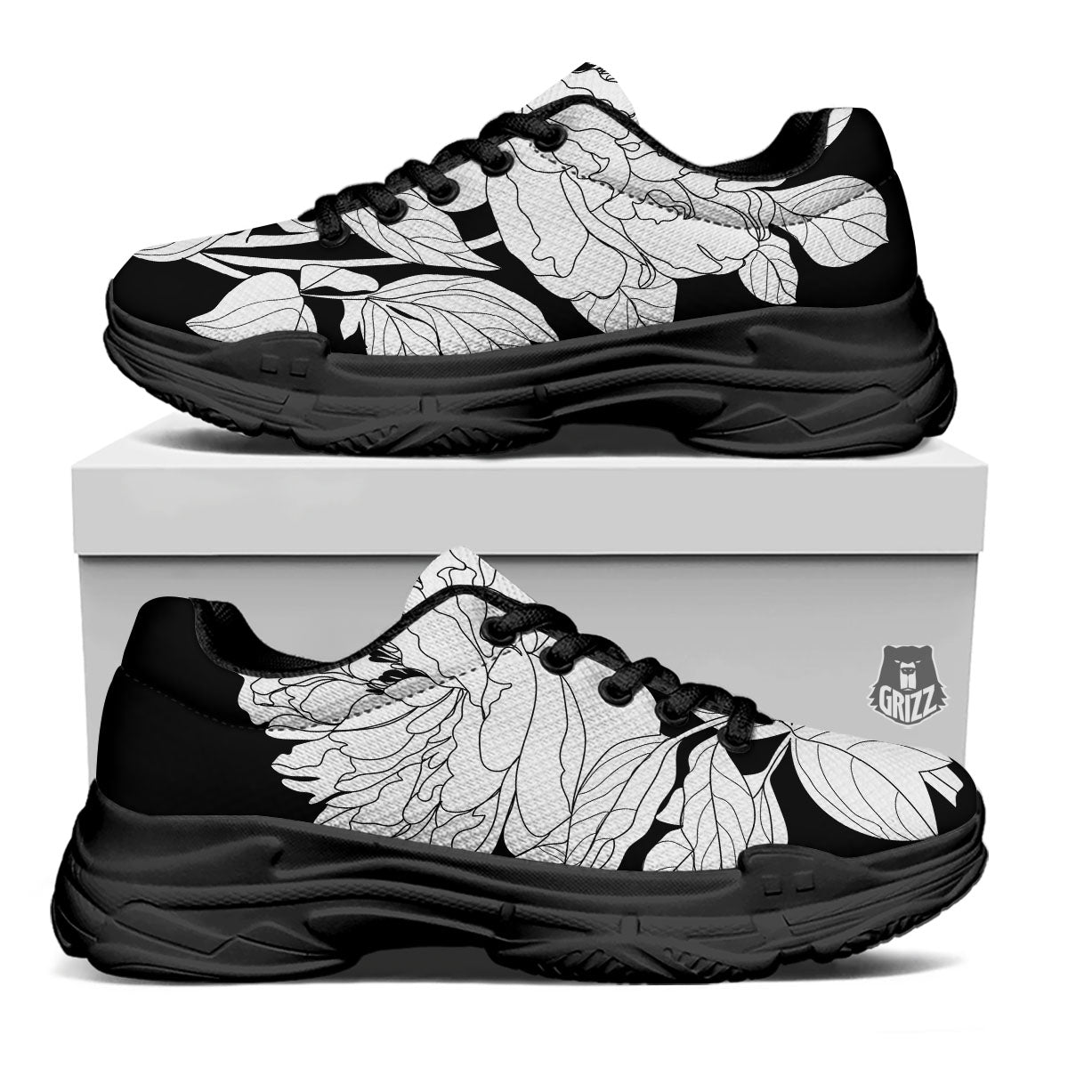 Flower White And Black Print Black Chunky Shoes-grizzshop