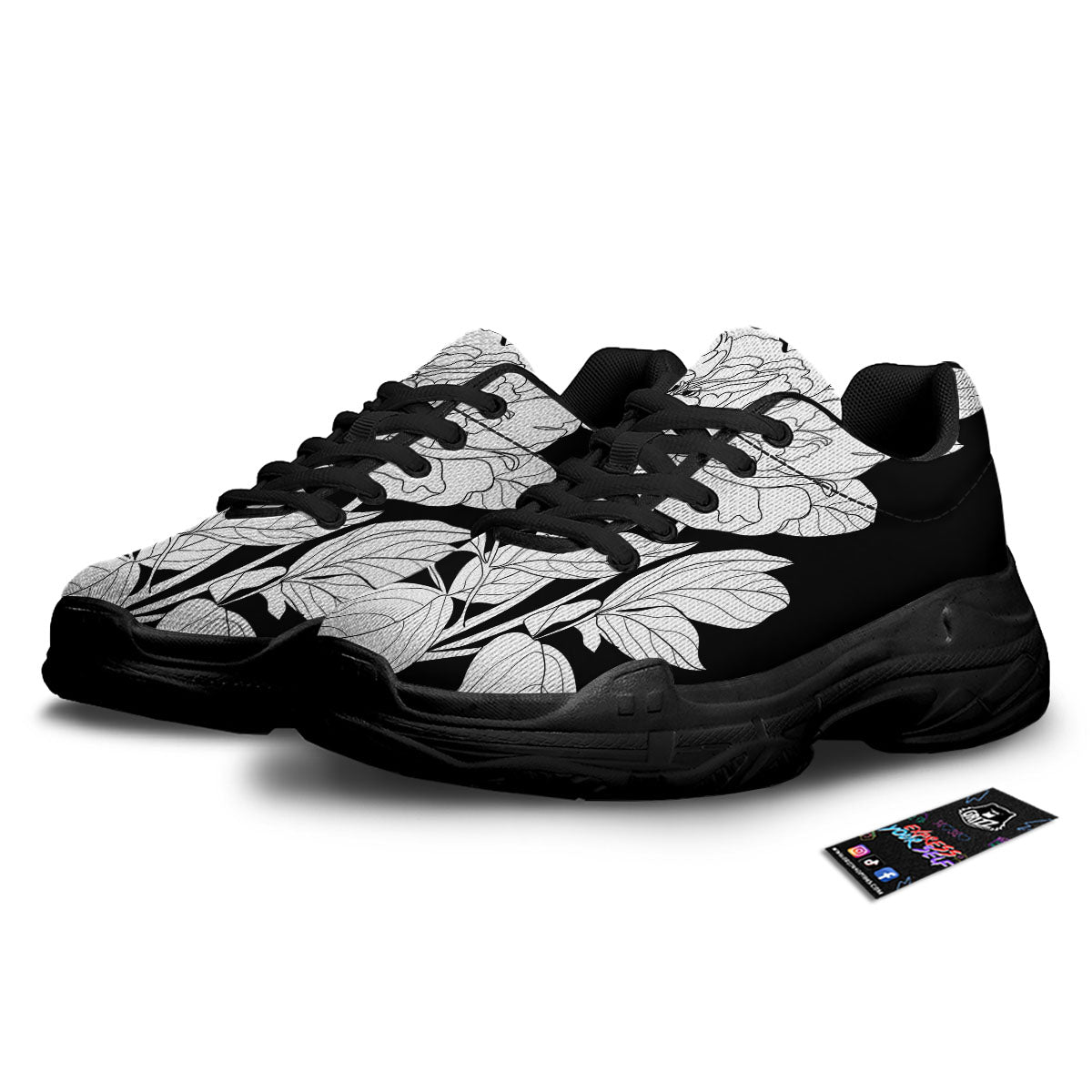Flower White And Black Print Black Chunky Shoes-grizzshop