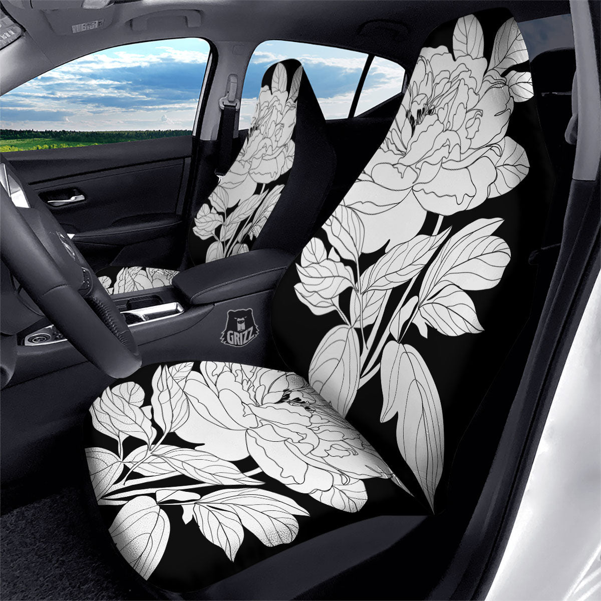 Flower White And Black Print Car Seat Covers-grizzshop