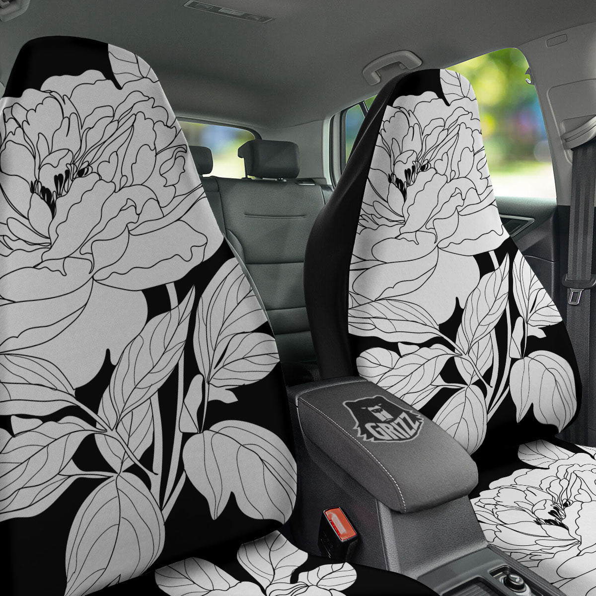 Flower White And Black Print Car Seat Covers-grizzshop