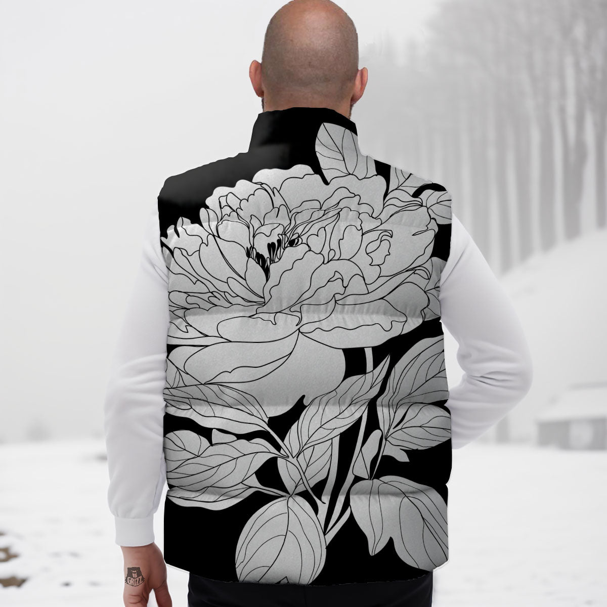 Flower White And Black Print Down Vest-grizzshop