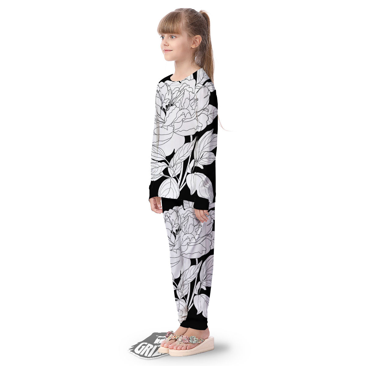 Flower White And Black Print Kid's Pajamas-grizzshop