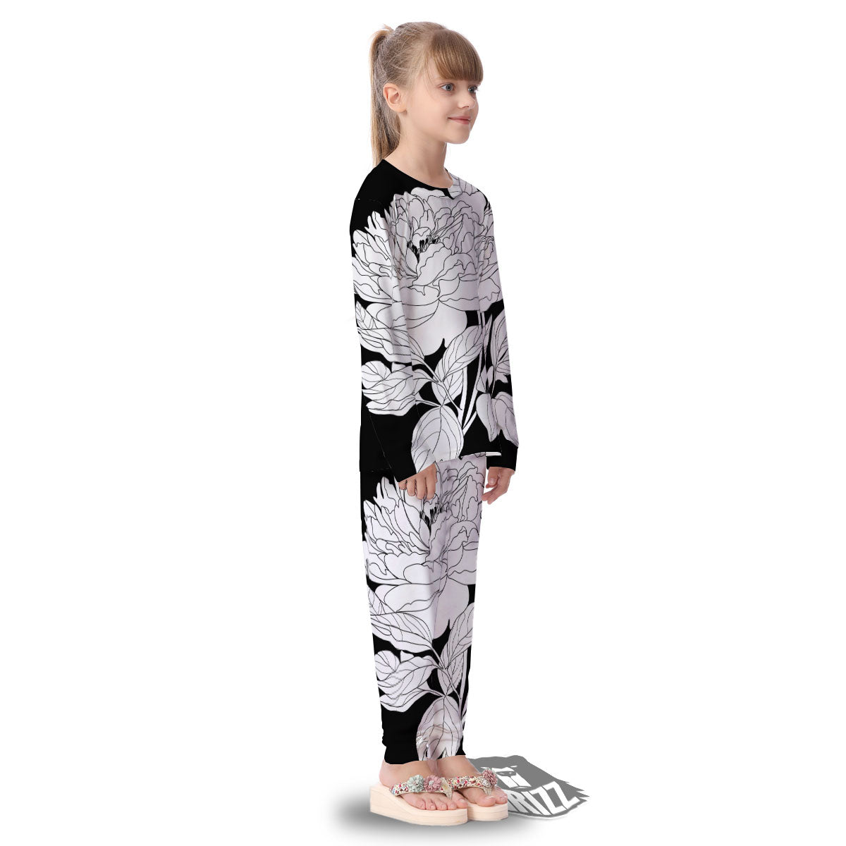 Flower White And Black Print Kid's Pajamas-grizzshop