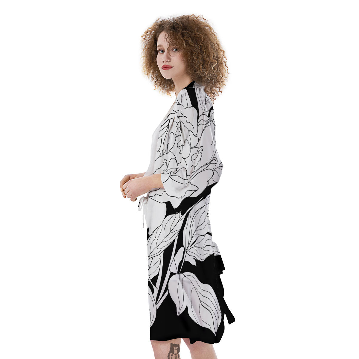 Flower White And Black Print Kimono-grizzshop