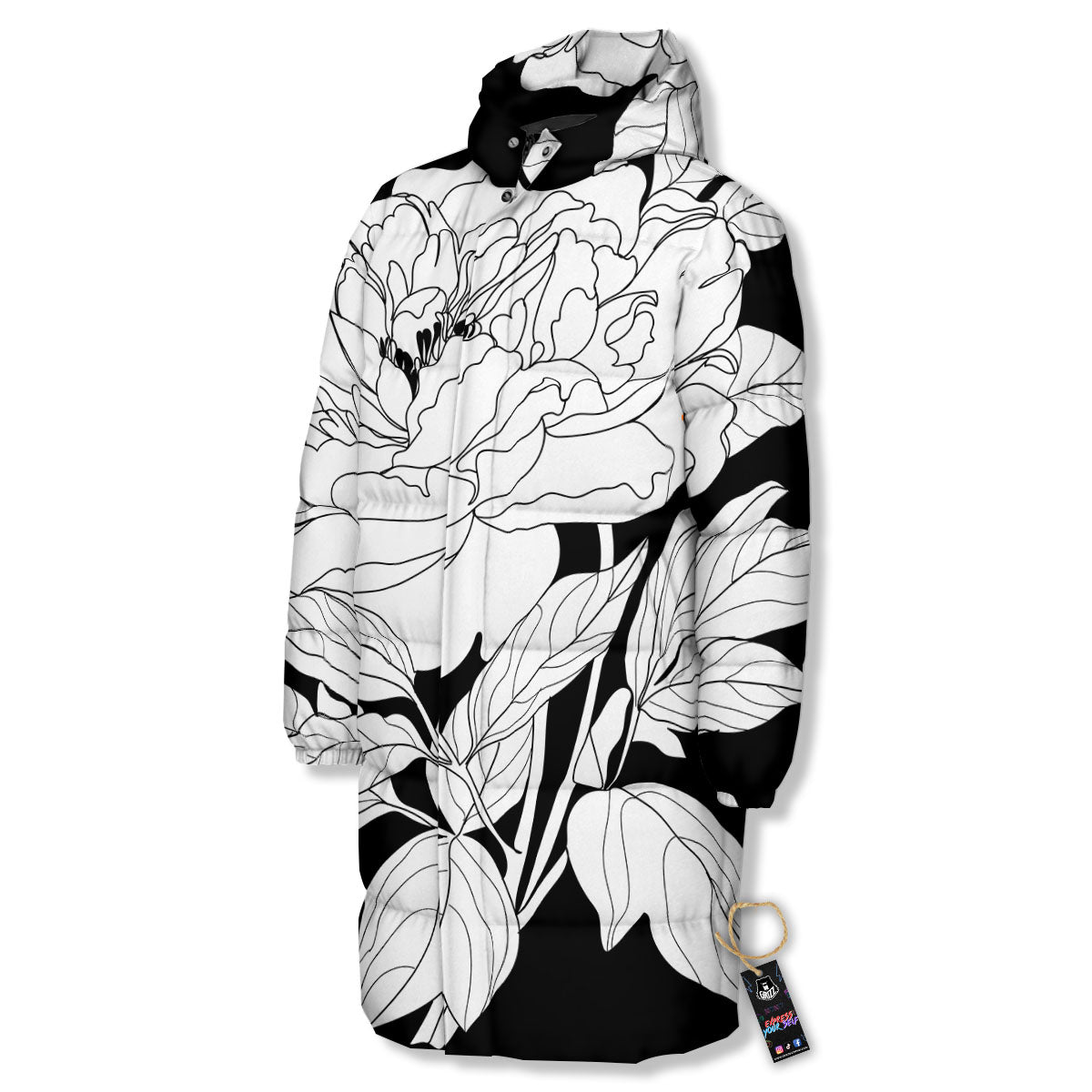Flower White And Black Print Long Down Jacket-grizzshop