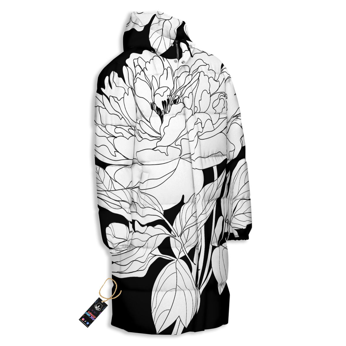 Flower White And Black Print Long Down Jacket-grizzshop
