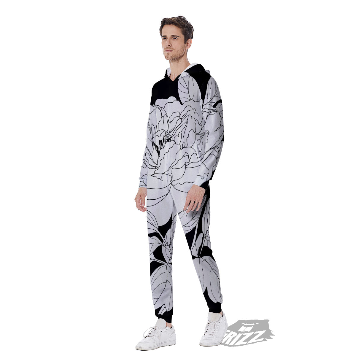 Flower White And Black Print Men's Jumpsuit-grizzshop