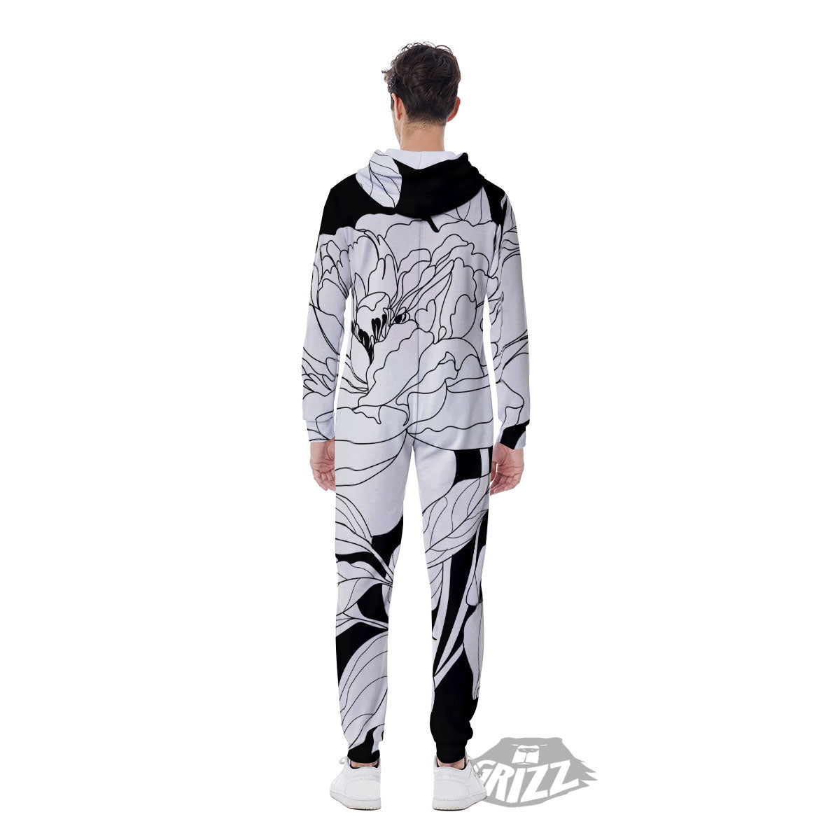 Flower White And Black Print Men's Jumpsuit-grizzshop