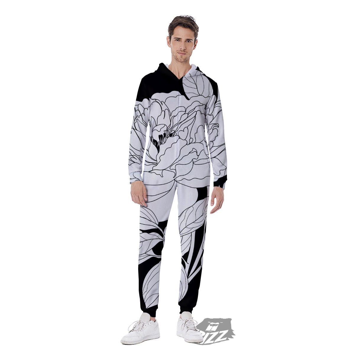 Flower White And Black Print Men's Jumpsuit-grizzshop