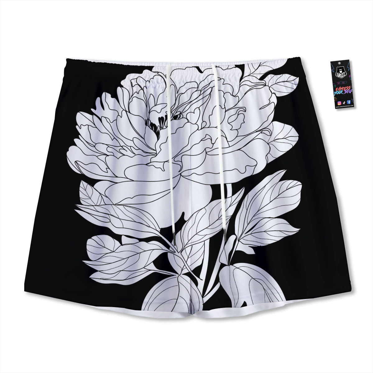 Flower White And Black Print Mesh Shorts-grizzshop
