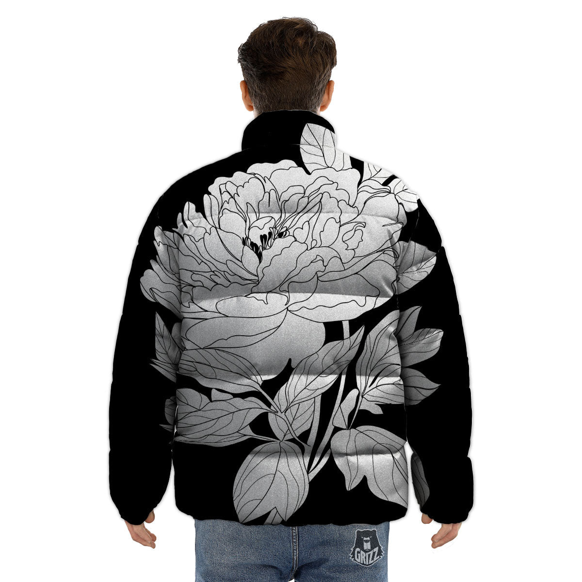 Flower White And Black Print Puffer Jacket-grizzshop