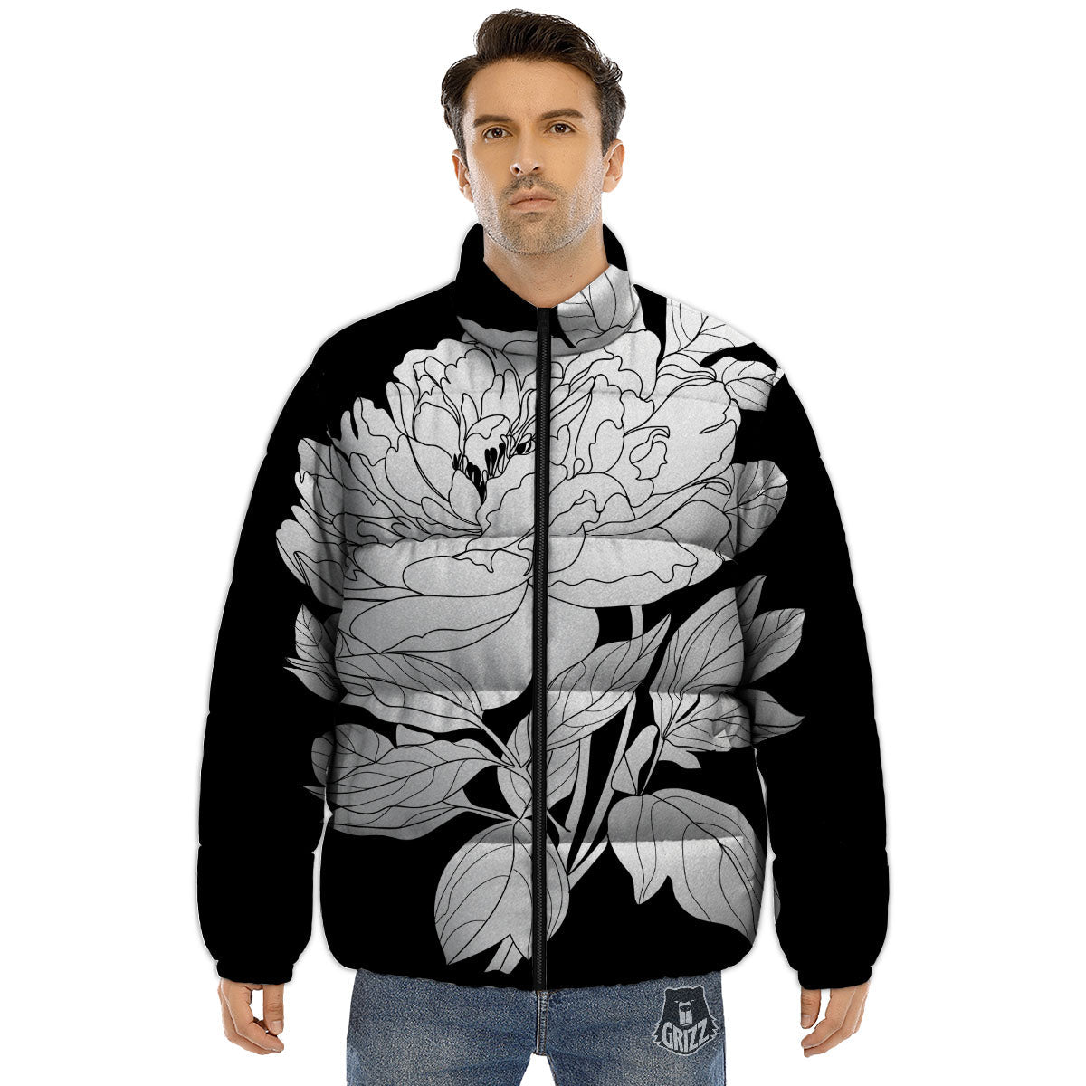 Flower White And Black Print Puffer Jacket-grizzshop