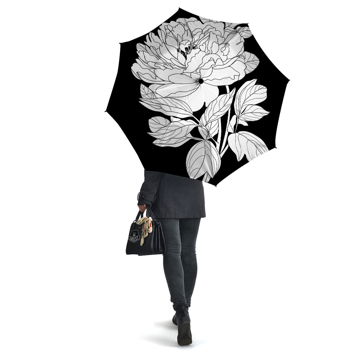 Flower White And Black Print Umbrella-grizzshop