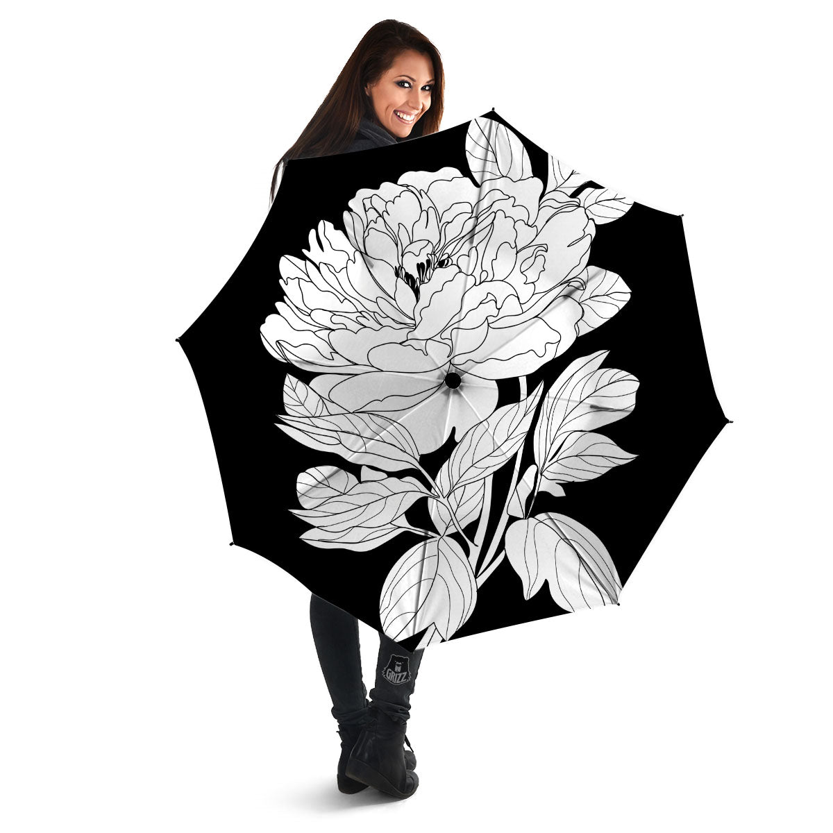 Flower White And Black Print Umbrella-grizzshop