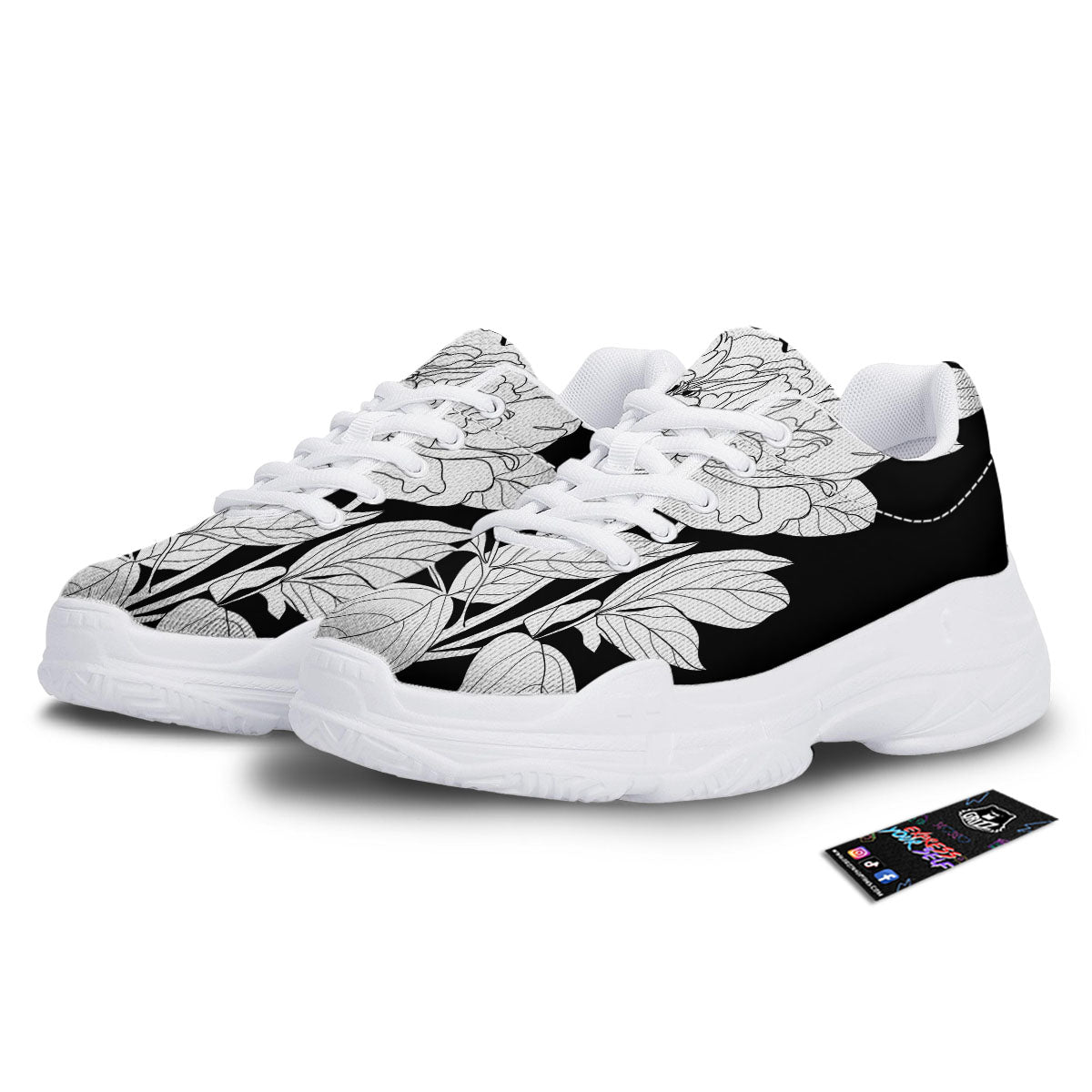 Flower White And Black Print White Chunky Shoes-grizzshop