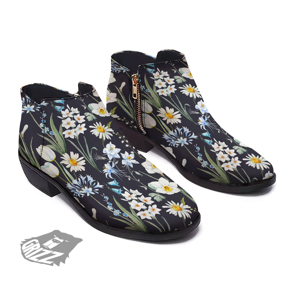 Flower White Daffodil Print Pattern Ankle Boots-grizzshop