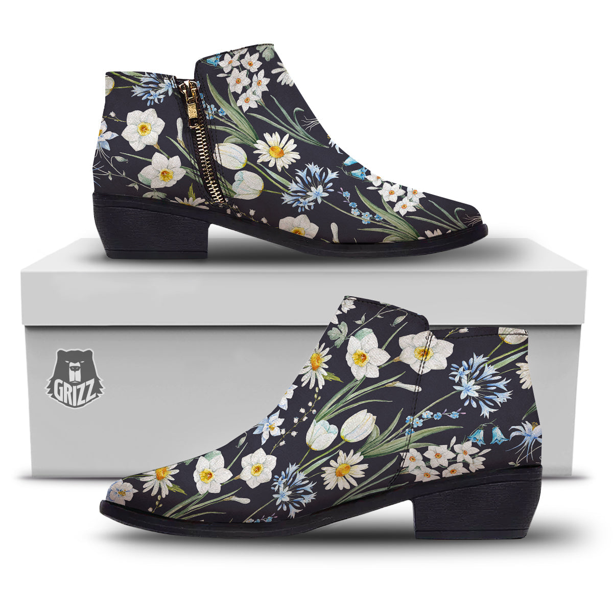 Flower White Daffodil Print Pattern Ankle Boots-grizzshop