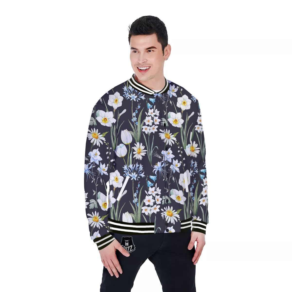 Flower White Daffodil Print Pattern Baseball Jacket-grizzshop