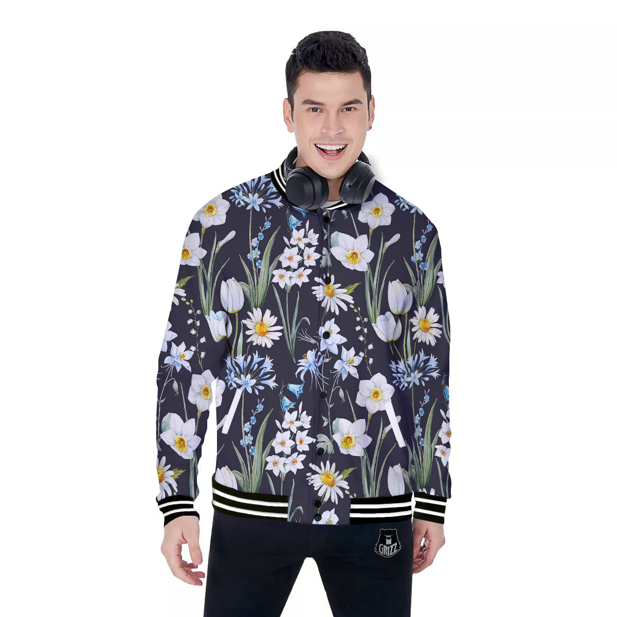 Flower White Daffodil Print Pattern Baseball Jacket-grizzshop