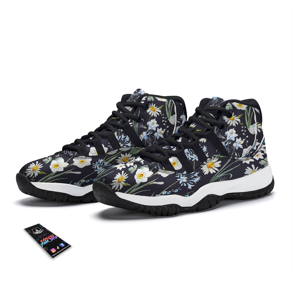 Flower White Daffodil Print Pattern Black Bball Shoes-grizzshop